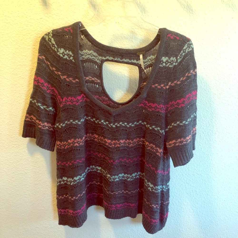 Free People Charcoal Gray Open-Back V-Neck Sweater with Pink and Mint Stripes